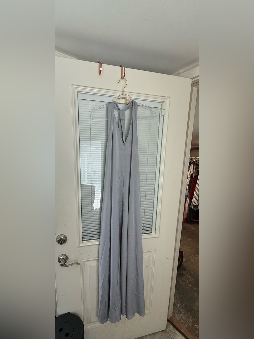Elegant Blue Gray Halter Maxi Dress with pockets